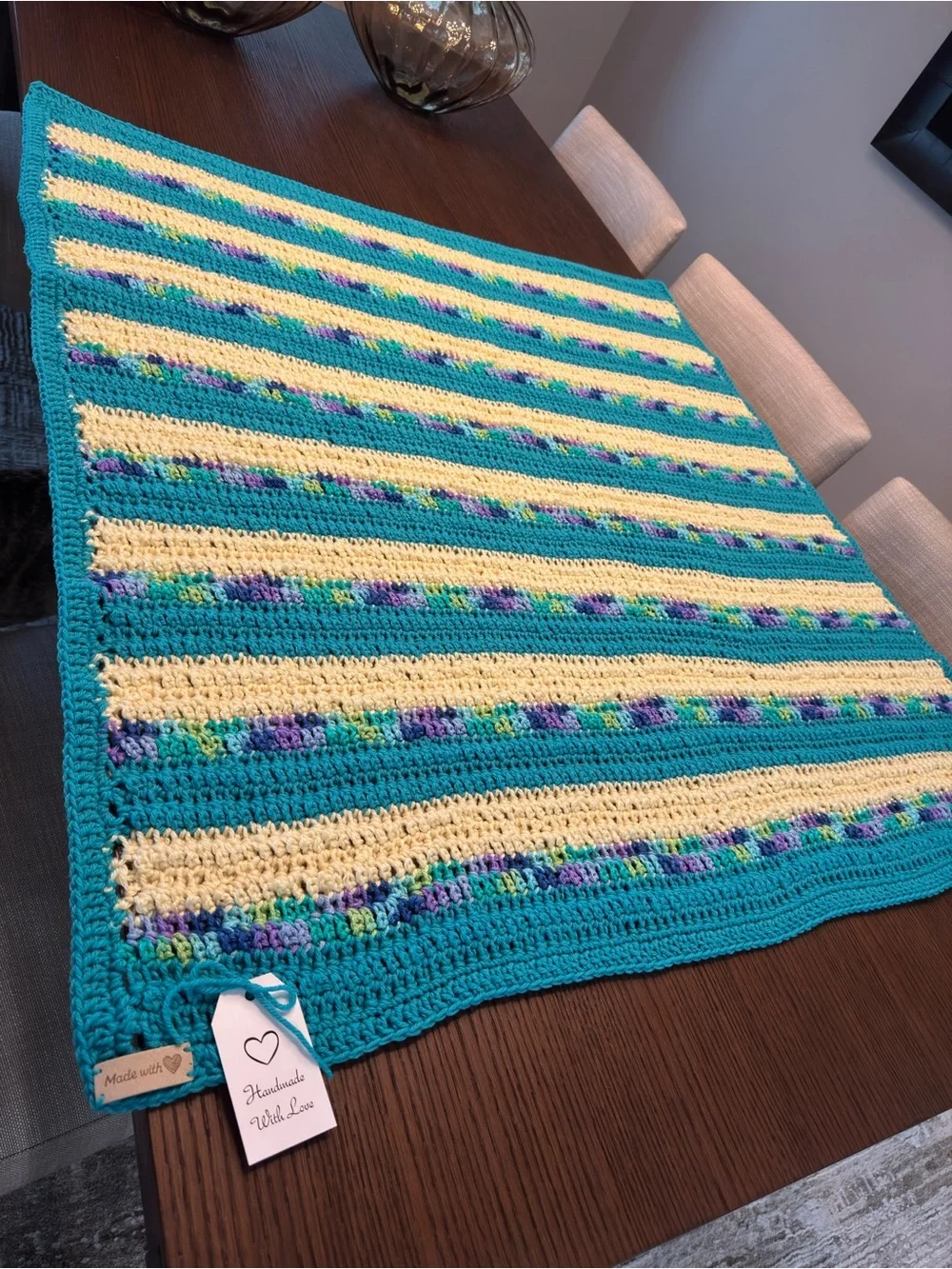 NWT Handmade Crochet Baby / Lap Blanket Blue Yellow Multi